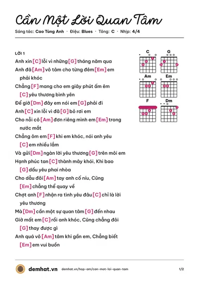 Hợp âm Cần Một Lời Quan Tâm (Cao Tùng Anh) – bản nhạc PDF trang 1, tông C