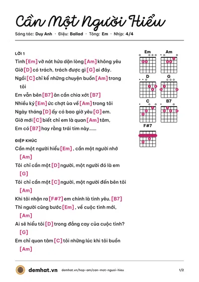 Hợp âm Cần Một Người Hiểu (Ngô Kiến Huy) – bản nhạc PDF trang 1, tông Em