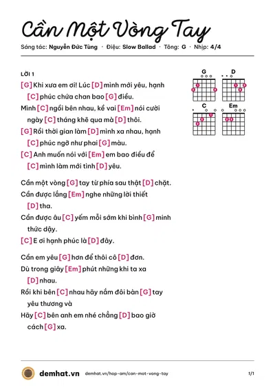 Hợp âm Cần Một Vòng Tay (Nguyễn Đức Tùng) – bản nhạc PDF trang 1, tông G