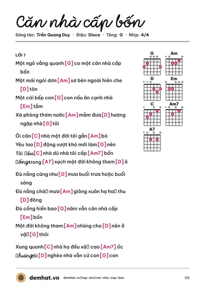 Hợp âm Căn nhà cấp bốn (Tự Long) – bản nhạc PDF trang 1, tông G