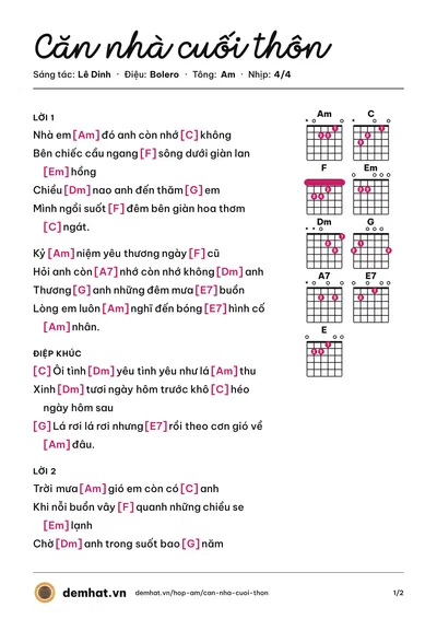 Hợp âm Căn nhà cuối thôn (Thanh Hiền) – bản nhạc PDF trang 1, tông Am