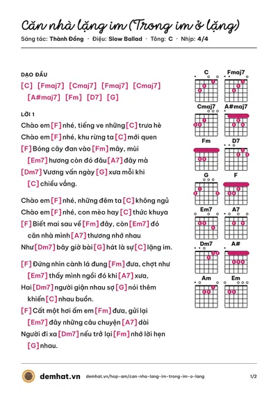 Hợp âm Căn nhà lặng im (Trong im ở lặng) (Thành Đồng) – bản nhạc PDF trang 1, tông C