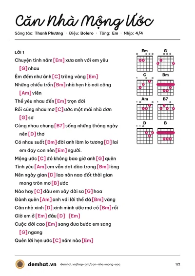 Hợp âm Căn Nhà Mộng Ước (Trường Vũ) – bản nhạc PDF trang 1, tông Em