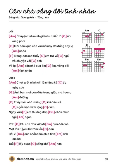 Hợp âm Căn nhà vắng đôi tình nhân (Quang Anh) – bản nhạc PDF trang 1, tông Am