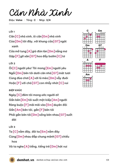 Hợp âm Căn Nhà Xinh (Ngọc Lan) – bản nhạc PDF trang 1, tông C