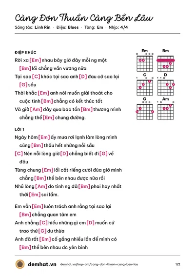 Hợp âm Càng Đơn Thuần Càng Bền Lâu (Linh Rin) – bản nhạc PDF trang 1, tông Em