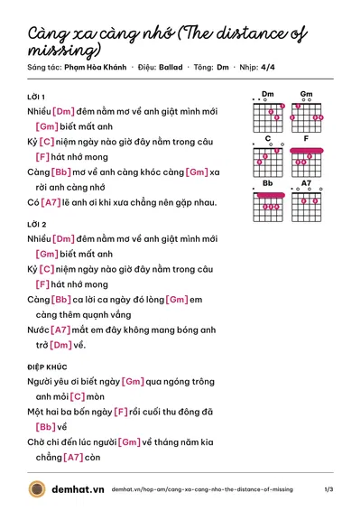 Hợp âm Càng xa càng nhớ (The distance of missing) (Phạm Quỳnh Anh) – bản nhạc PDF trang 1, tông Dm