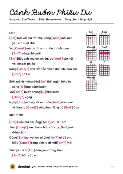 Hợp âm Cánh Buồm Phiêu Du (Tô Minh Đức) – bản nhạc PDF trang 1, tông Em