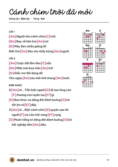 Hợp âm Cánh chim trời đã mỏi (Đức Uy) – bản nhạc PDF trang 1, tông Am