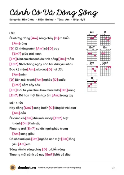 Hợp âm Cánh Cò Và Dòng Sông (Ngọc Sơn) – bản nhạc PDF trang 1, tông Am