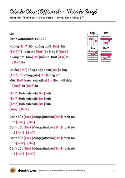Hợp âm Cánh Cửa (Official - Thịnh Suy) (Thịnh Suy) – bản nhạc PDF trang 1, tông Em