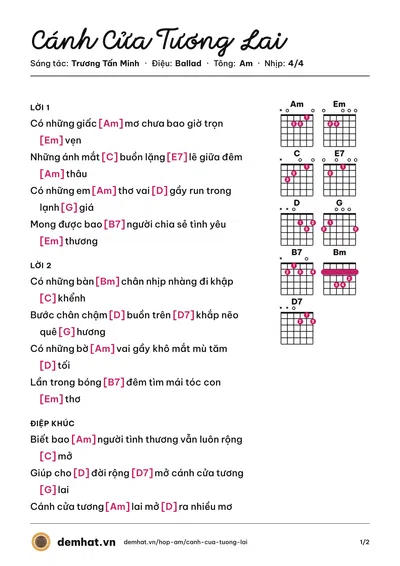 Hợp âm Cánh Cửa Tương Lai (Quang Trưởng) – bản nhạc PDF trang 1, tông Am