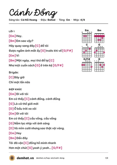 Hợp âm Cánh Đồng (Cá Hồi Hoang) – bản nhạc PDF trang 1, tông Em
