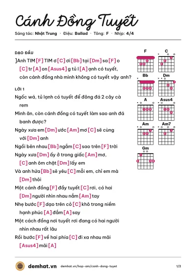 Hợp âm Cánh Đồng Tuyết (Tim) – bản nhạc PDF trang 1, tông F