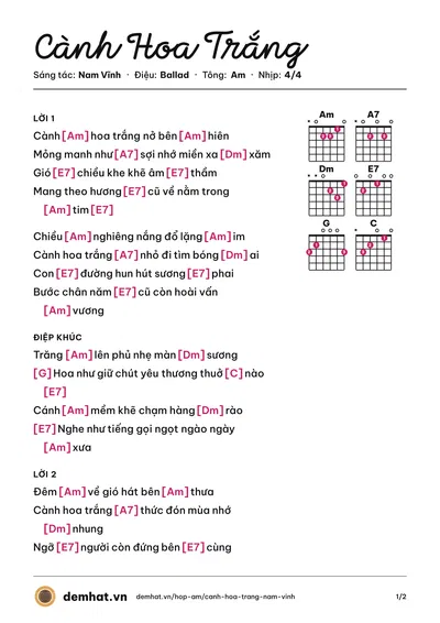 Hợp âm Cành Hoa Trắng (Ái) – bản nhạc PDF trang 1, tông Am