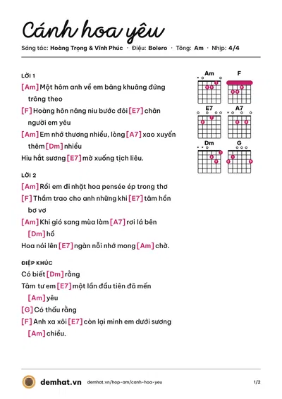 Hợp âm Cánh hoa yêu (Uyên Phương) – bản nhạc PDF trang 1, tông Am