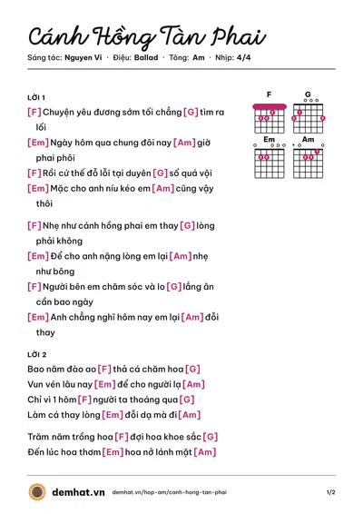 Hợp âm Cánh Hồng Tàn Phai (HỒ THANH TĂNG) – bản nhạc PDF trang 1, tông Am
