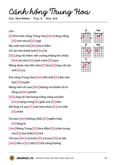 Hợp âm Cánh hồng Trung Hoa (Mạnh Đình) – bản nhạc PDF trang 1, tông G
