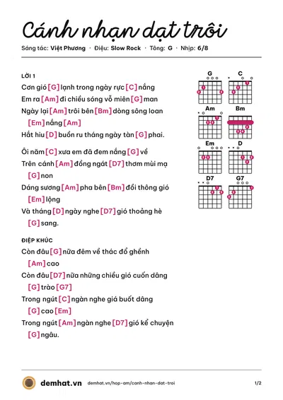 Hợp âm Cánh nhạn dạt trôi (Thái Châu) – bản nhạc PDF trang 1, tông G