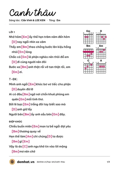 Hợp âm Canh thâu (Cần Vinh) – bản nhạc PDF trang 1, tông Em