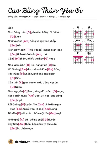 Hợp âm Cao Bằng Thân Yêu Ơi (Hoàng Đức) – bản nhạc PDF trang 1, tông C