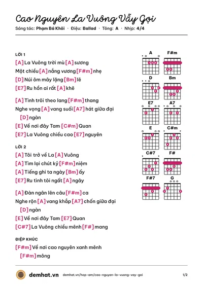 Hợp âm Cao Nguyên La Vuông Vẫy Gọi (Bích Chi) – bản nhạc PDF trang 1, tông A