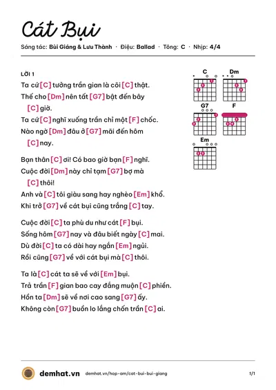 Hợp âm Cát Bụi (Lưu Thành) – bản nhạc PDF trang 1, tông C