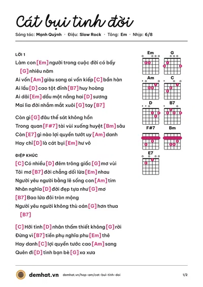 Hợp âm Cát bụi tình đời (Mạnh Quỳnh) – bản nhạc PDF trang 1, tông Em
