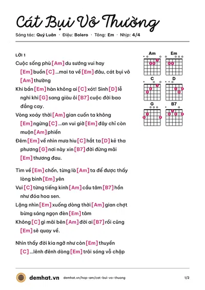 Hợp âm Cát Bụi Vô Thường (Mai Quốc Huy) – bản nhạc PDF trang 1, tông Em