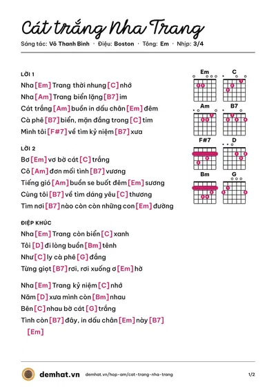 Hợp âm Cát trắng Nha Trang (Y Jang Tuyn) – bản nhạc PDF trang 1, tông Em
