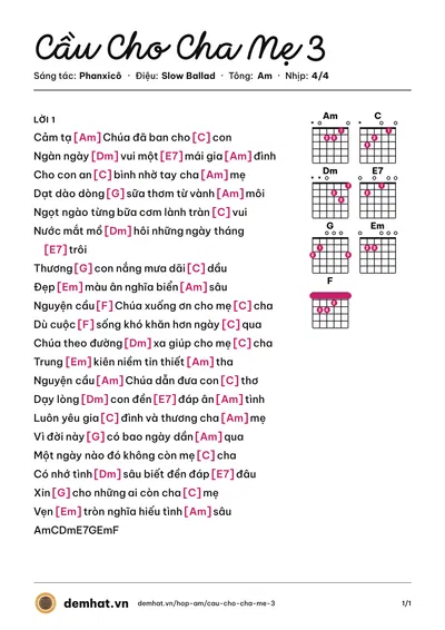 Hợp âm Cầu Cho Cha Mẹ 3 (Quân Keyboard) – bản nhạc PDF trang 1, tông Am