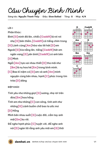 Hợp âm Câu Chuyện Bình Minh (Phương Thu) – bản nhạc PDF trang 1, tông G