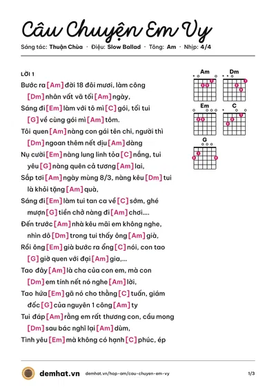 Hợp âm Câu Chuyện Em Vy (Thuận Chùa) – bản nhạc PDF trang 1, tông Am