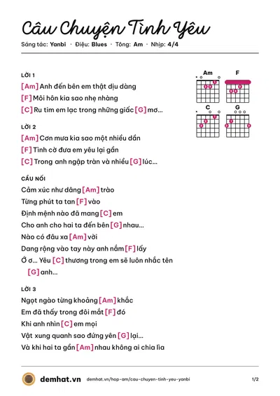 Hợp âm Câu Chuyện Tình Yêu (Yanbi) – bản nhạc PDF trang 1, tông Am