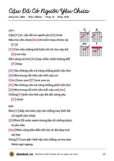 Hợp âm Cậu Đã Có Người Yêu Chưa (Ahn) – bản nhạc PDF trang 1, tông C