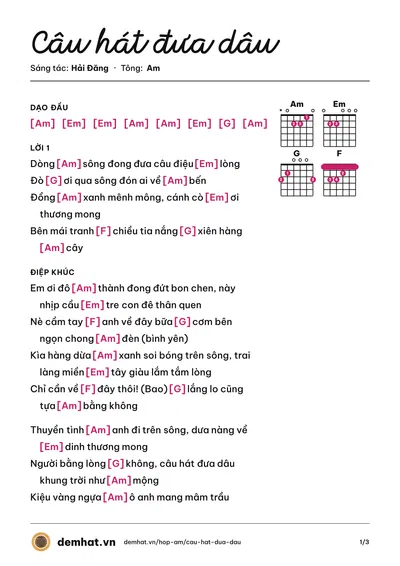Hợp âm Câu hát đưa dâu (Yuni Boo) – bản nhạc PDF trang 1, tông Am