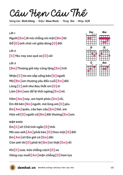 Hợp âm Câu Hẹn Câu Thề (Đình Dũng) – bản nhạc PDF trang 1, tông Em