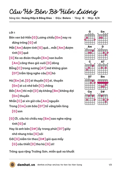 Hợp âm Câu Hò Bên Bờ Hiền Lương (Thu Hiền) – bản nhạc PDF trang 1, tông G