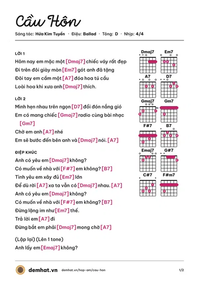 Hợp âm Cầu Hôn (Văn Mai Hương) – bản nhạc PDF trang 1, tông D