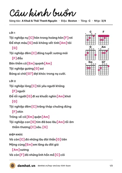 Hợp âm Câu kinh buồn (Bảo Nguyên) – bản nhạc PDF trang 1, tông C