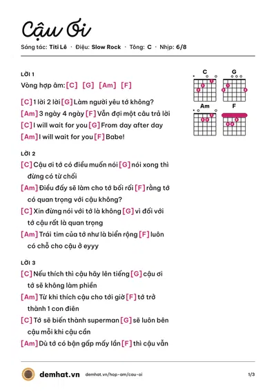 Hợp âm Cậu Ơi (Titi Lê) – bản nhạc PDF trang 1, tông C