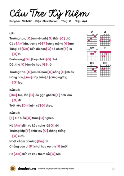 Hợp âm Cầu Tre Kỷ Niệm (Quang Lê) – bản nhạc PDF trang 1, tông C