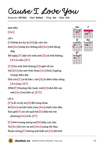 Hợp âm Cause I Love You (Noo Phước Thịnh) – bản nhạc PDF trang 1, tông Am
