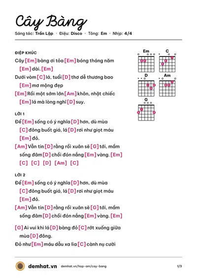 Hợp âm Cây Bàng (Bức Tường) – bản nhạc PDF trang 1, tông Em