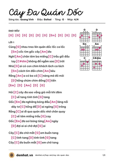 Hợp âm Cây Đa Quán Dốc (Mây Trắng) – bản nhạc PDF trang 1, tông G