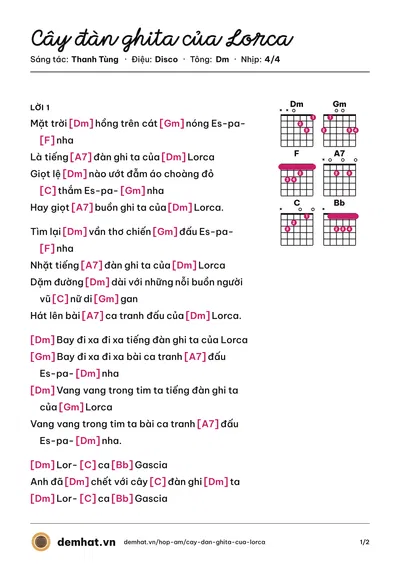 Hợp âm Cây đàn ghita của Lorca (Việt Hoàn) – bản nhạc PDF trang 1, tông Dm