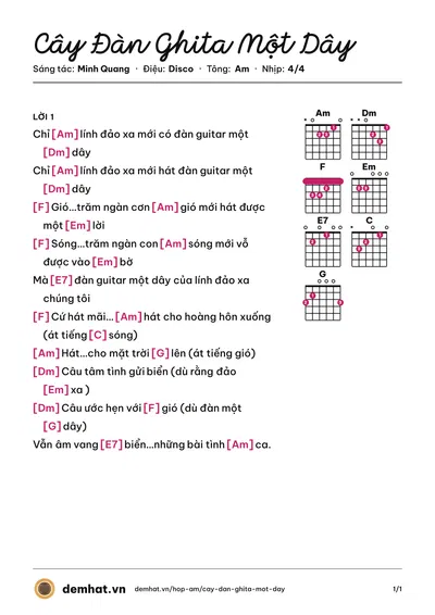 Hợp âm Cây Đàn Ghita Một Dây (Tốp Ca Nam Tổng Cục Chính Trị) – bản nhạc PDF trang 1, tông Am
