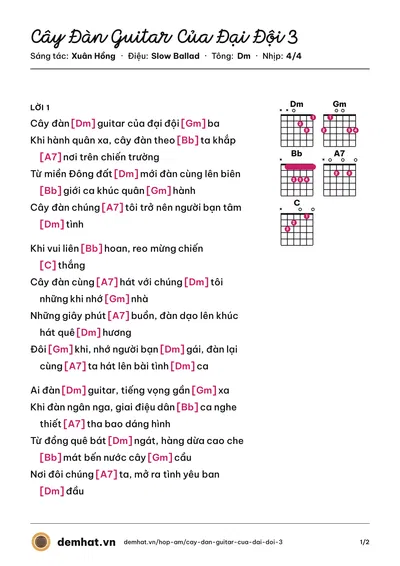 Hợp âm Cây Đàn Guitar Của Đại Đội 3 (Tạ Quang Thắng) – bản nhạc PDF trang 1, tông Dm
