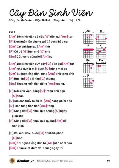 Hợp âm Cây Đàn Sinh Viên (Mỹ Tâm) – bản nhạc PDF trang 1, tông Am