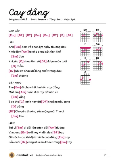 Hợp âm Cay đắng (Thanh Tuyền (trước 75)) – bản nhạc PDF trang 1, tông Em